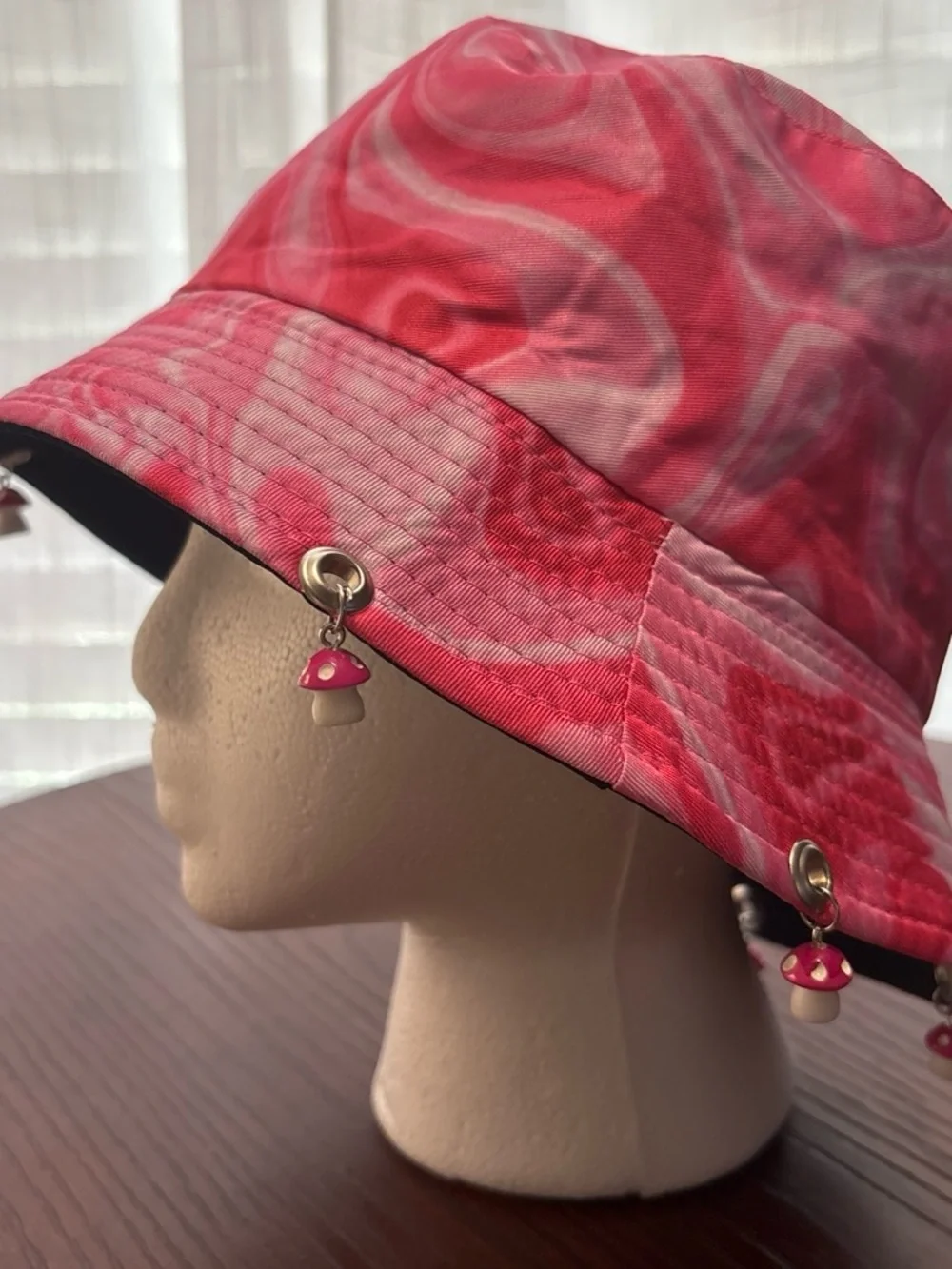 Pink Tie-Dye Bucket Hat with Mushroom Charms - Women Accessories